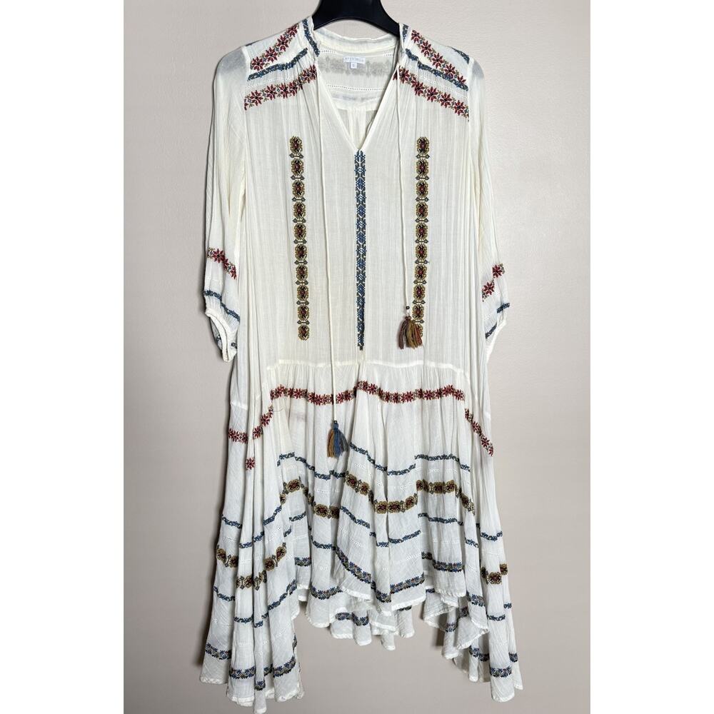 Star Mela Bohemian Embroidered Maxi Dress~Small~White w/Multi Color Details~EUC